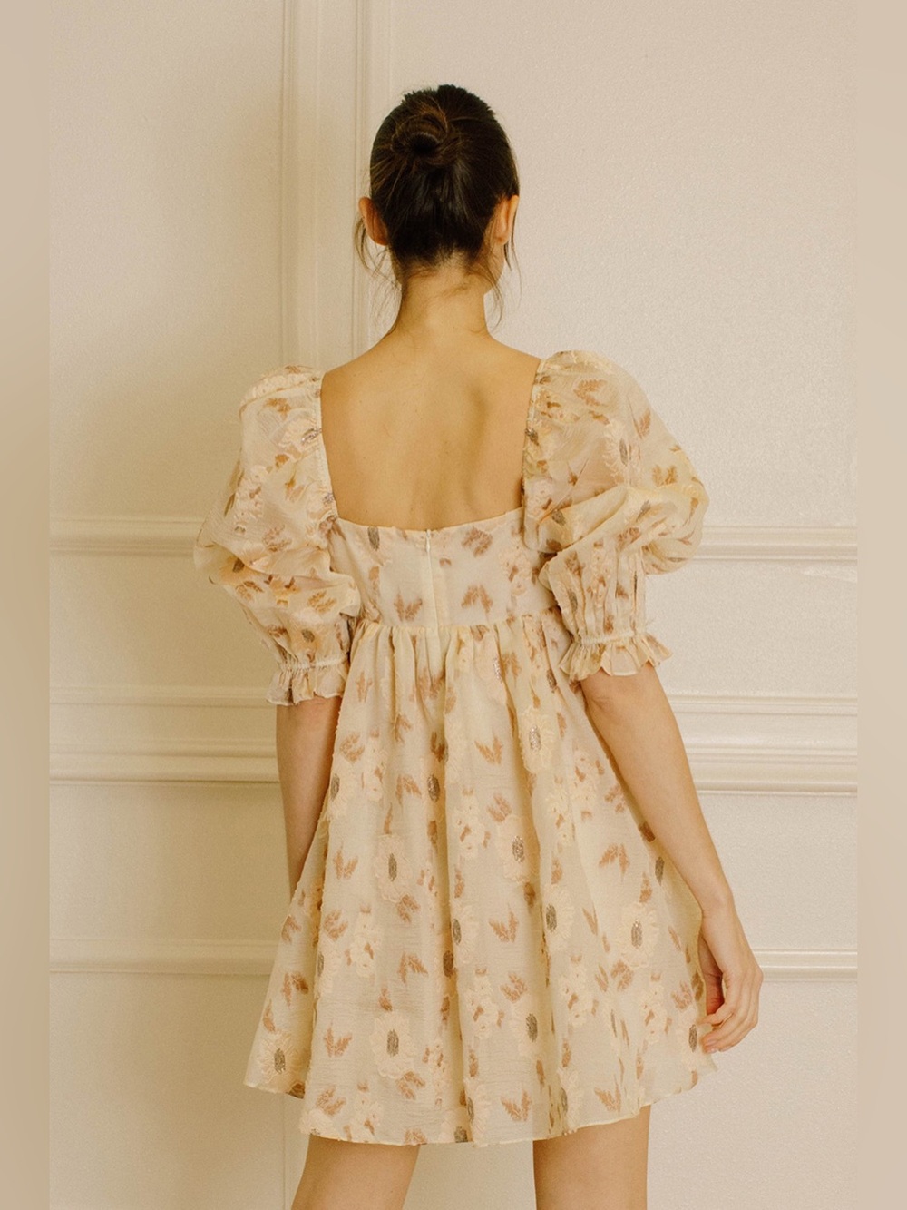 Storia Golden Floral Square Neck Puff Sleeve Mini Babydoll Dress L Large - Picture 3 of 10